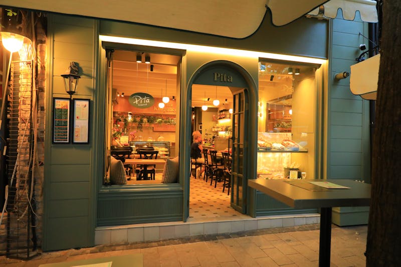 Inviting restaurant entrance with warm lighting